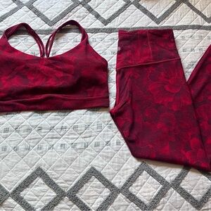 Athleta Red Textured Floral Sports Bra and Leggings Set